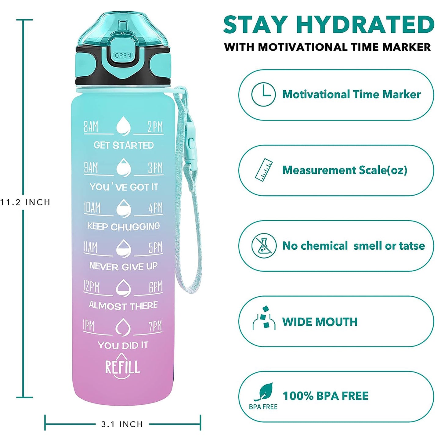 LTAW301【100 PCS】Motivational Water Bottle with Time Marker